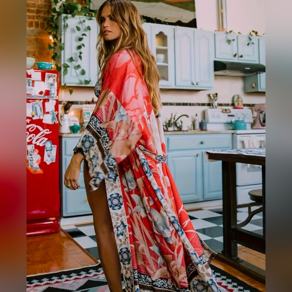 Vibrant Tangerine and Blue Floral Kimono One Size NWOT